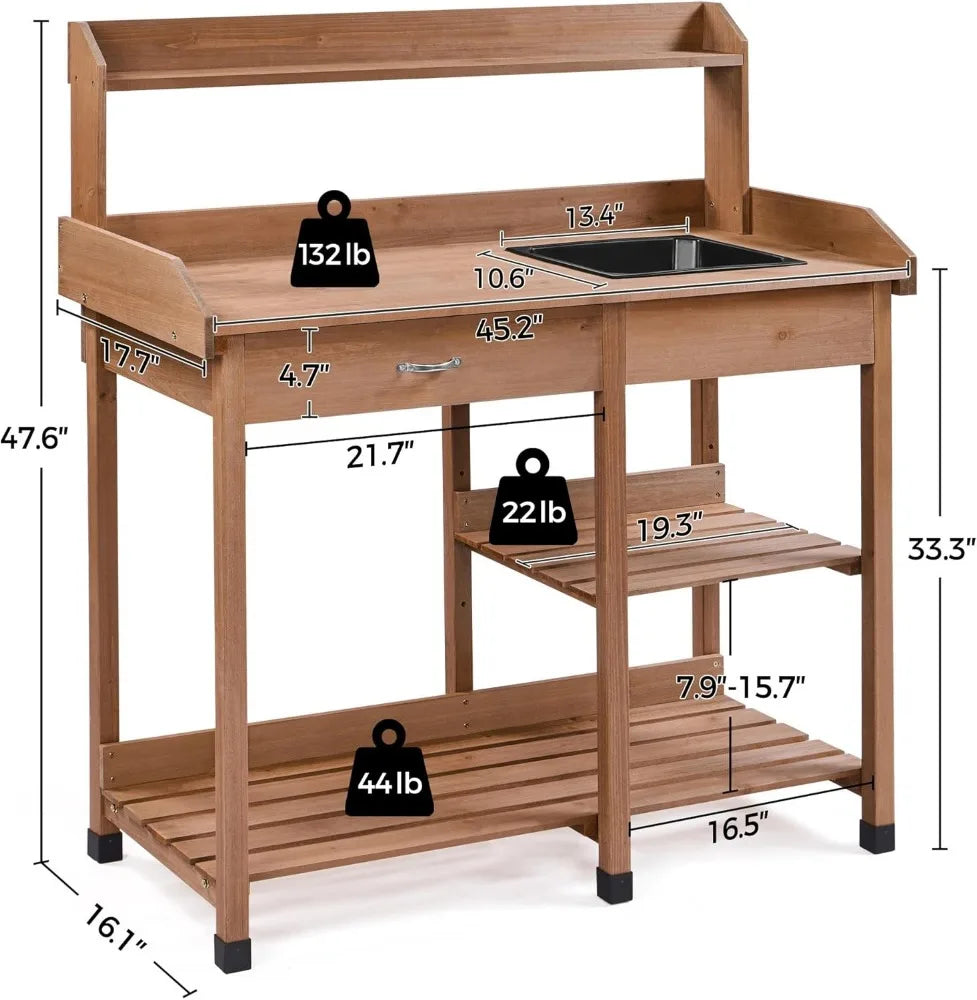 Outdoor Potting Bench/Work Bench, Removable Sink Drawer Rack, 45.2 Inch L X 17.7 Inch W X 47.6 Inch H, 3 Colors