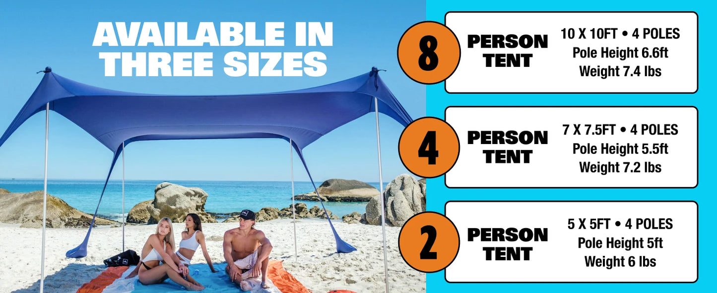 Sun Shelter Tent, with Ground Pegs and Stability Poles, includes Sand Shovel, Blue Only