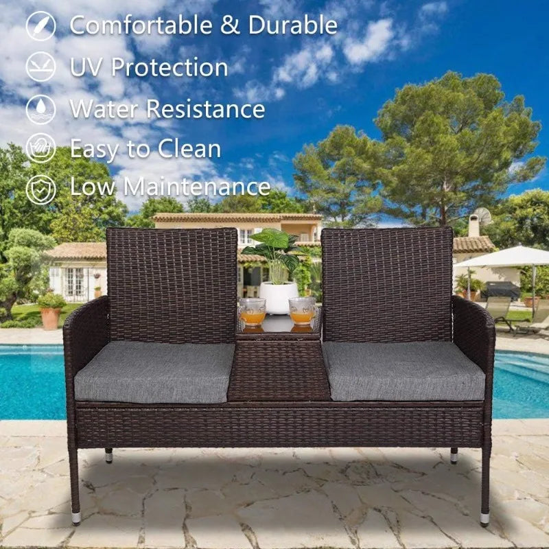 Wicker Outdoor Loveseat, with Cushion, and Built-In Table