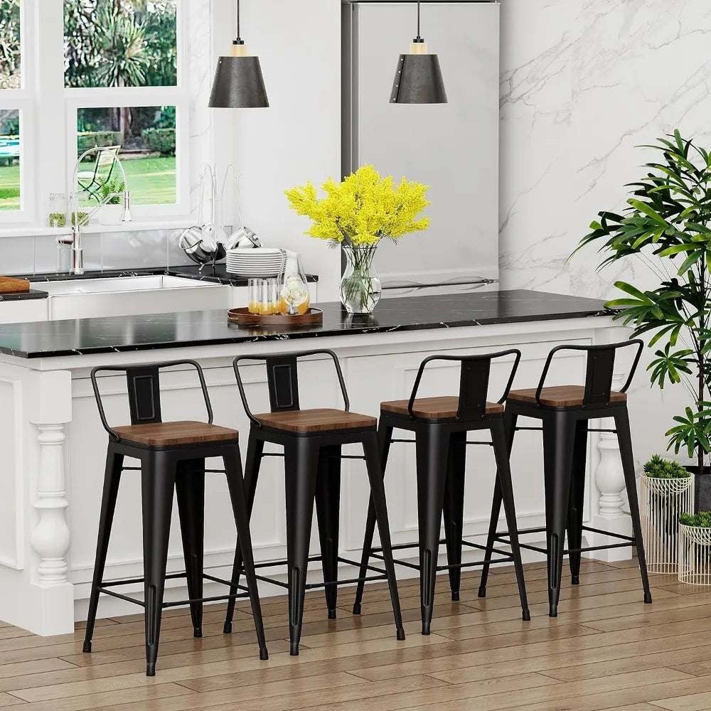 30 inch Bar Stools, Set of 4, Bar Height, Matte Black Metal with Wood Seat