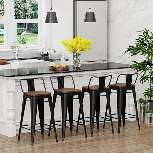 30 inch Bar Stools, Set of 4, Bar Height, Matte Black Metal with Wood Seat