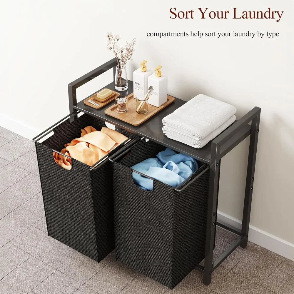 Laundry Hamper Organizer, with Shelf & 2 Pull-Out Removable Bags, 2 Colors