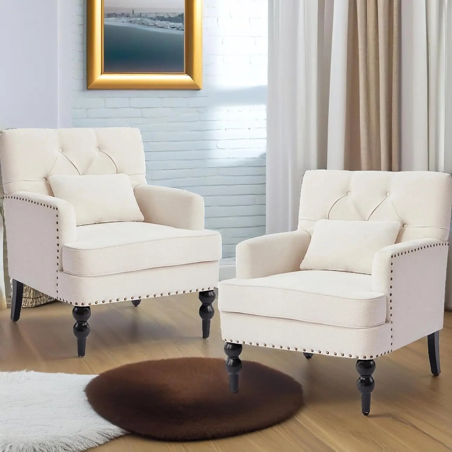 Upholstered Tufted Club Chair Set, Set of 2, Lumbar Pillow, Beige