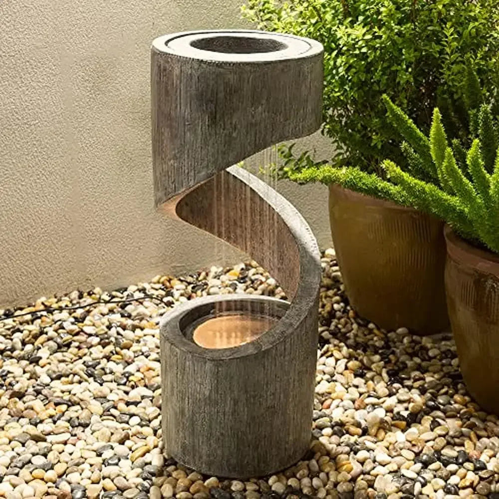 Outdoor Water Fountain/Stone Planter, LED Light, Curved Waterfall, Outdoor Decor