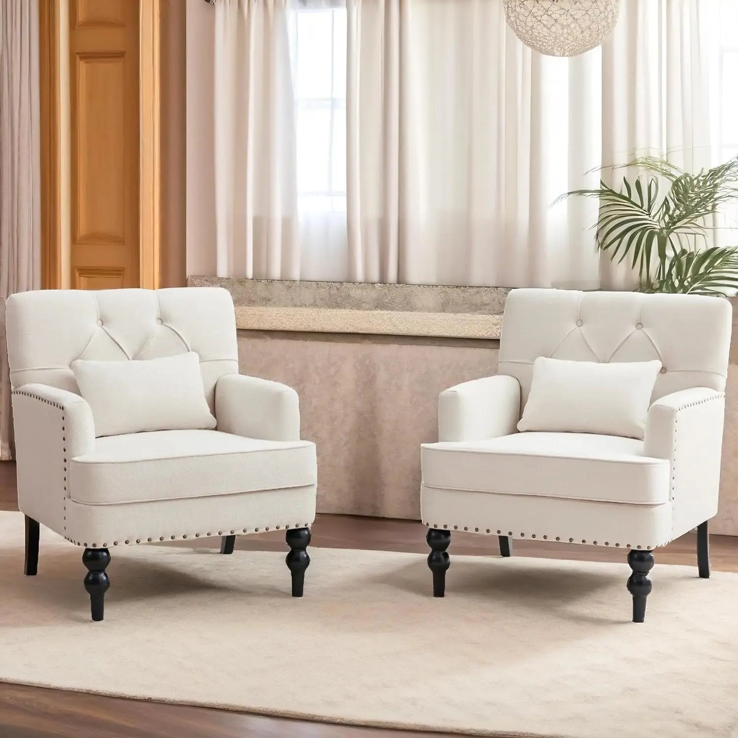 Upholstered Tufted Club Chair Set, Set of 2, Lumbar Pillow, Beige