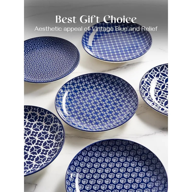 10.5 Inch Ceramic Dinner Plates, Blue and White, Set of 6