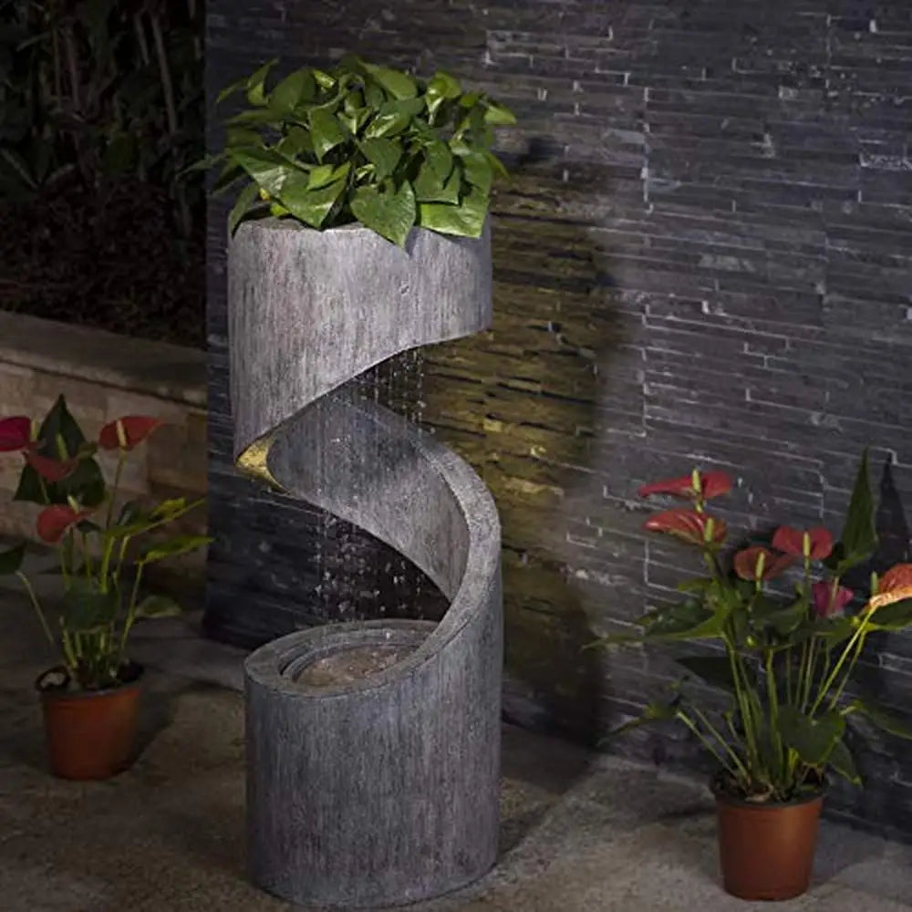 Outdoor Water Fountain/Stone Planter, LED Light, Curved Waterfall, Outdoor Decor