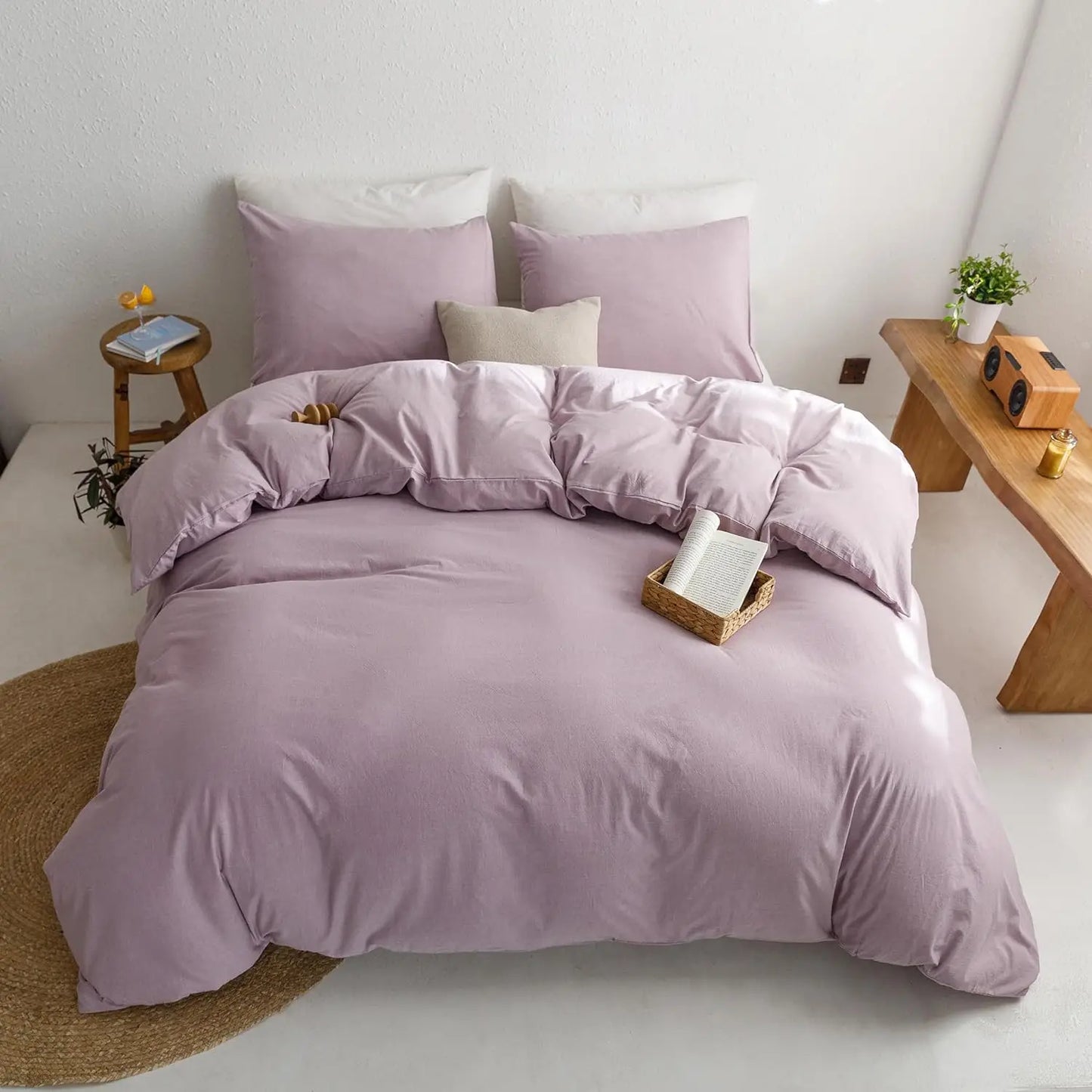 3 Piece Duvet Set, 100% Washed Cotton, With Zipper and 2 Pillowcases, Easy Care, 29 Colors, 3 Sizes