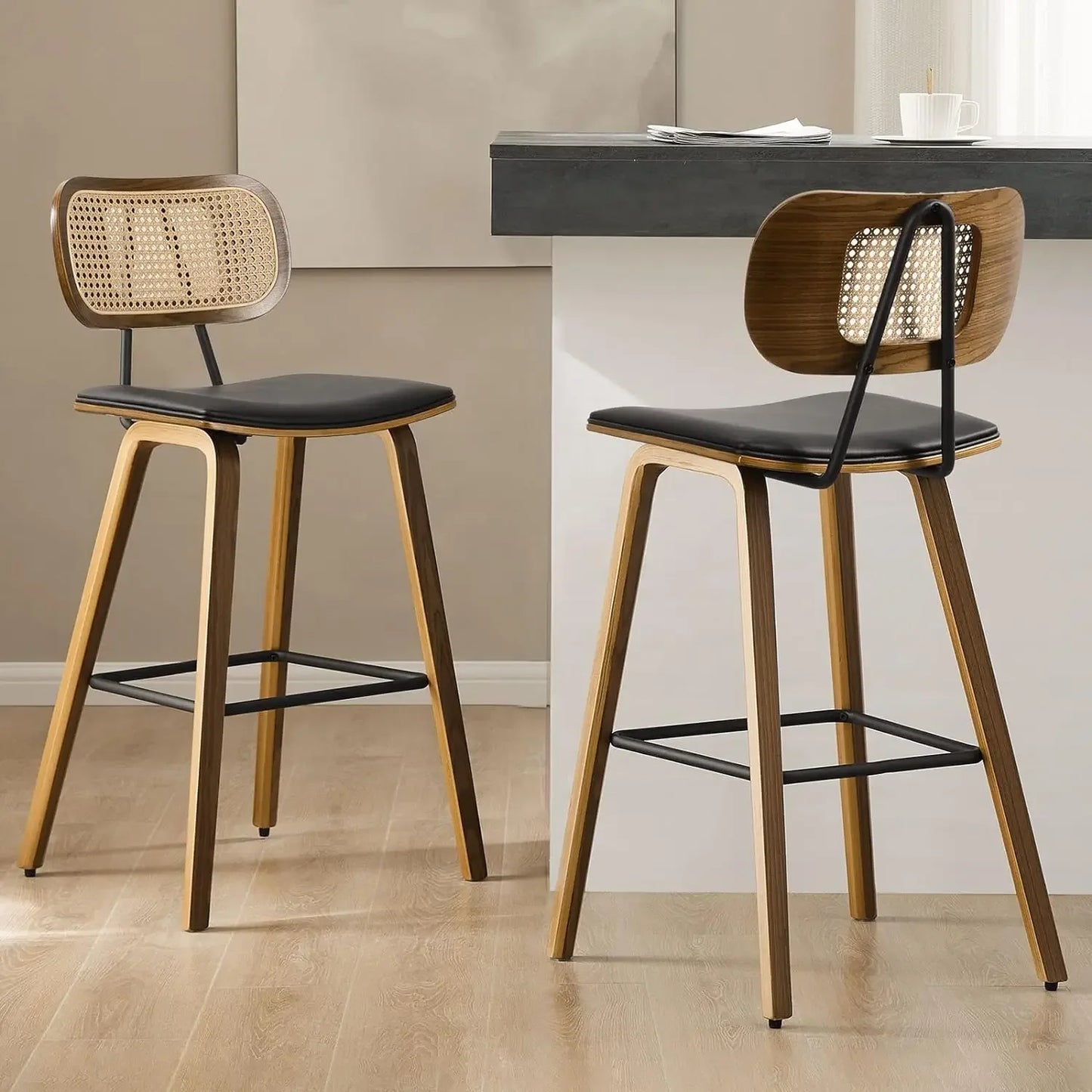 Bar Stools, Set of 3, 26 Inch Counter Height, Rattan Back/Faux Leather Seat, 2 Colors