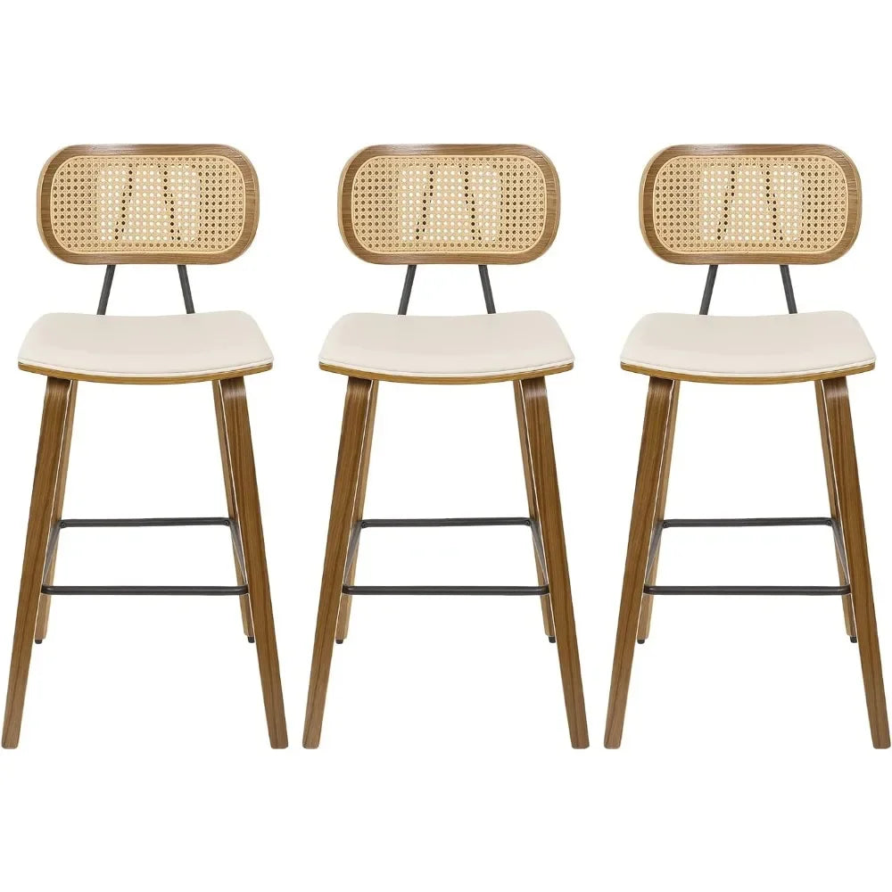 Bar Stools, Set of 3, 26 Inch Counter Height, Rattan Back/Faux Leather Seat, 2 Colors