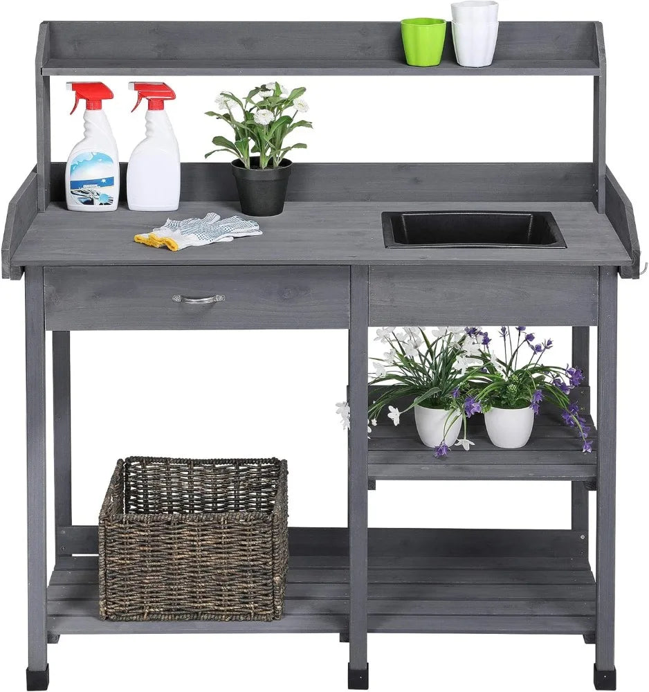 Outdoor Potting Bench/Work Bench, Removable Sink Drawer Rack, 45.2 Inch L X 17.7 Inch W X 47.6 Inch H, 3 Colors