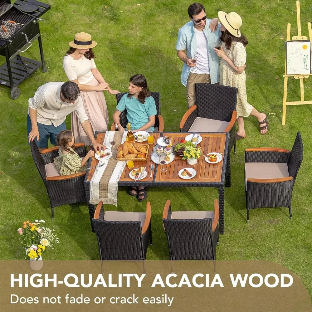 7 Piece Dining Furniture Set, Rattan Outdoor, Acacia Wood Table Top, Table Plus 6 Chairs, 4 Colors