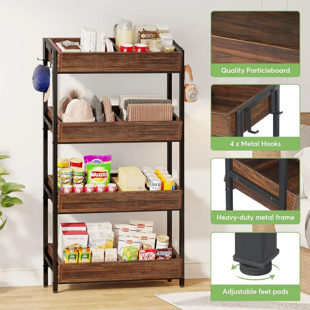 Kitchen/Pantry Shelf Unit, 4 Tiers, Metal & Wood, 2 Colors