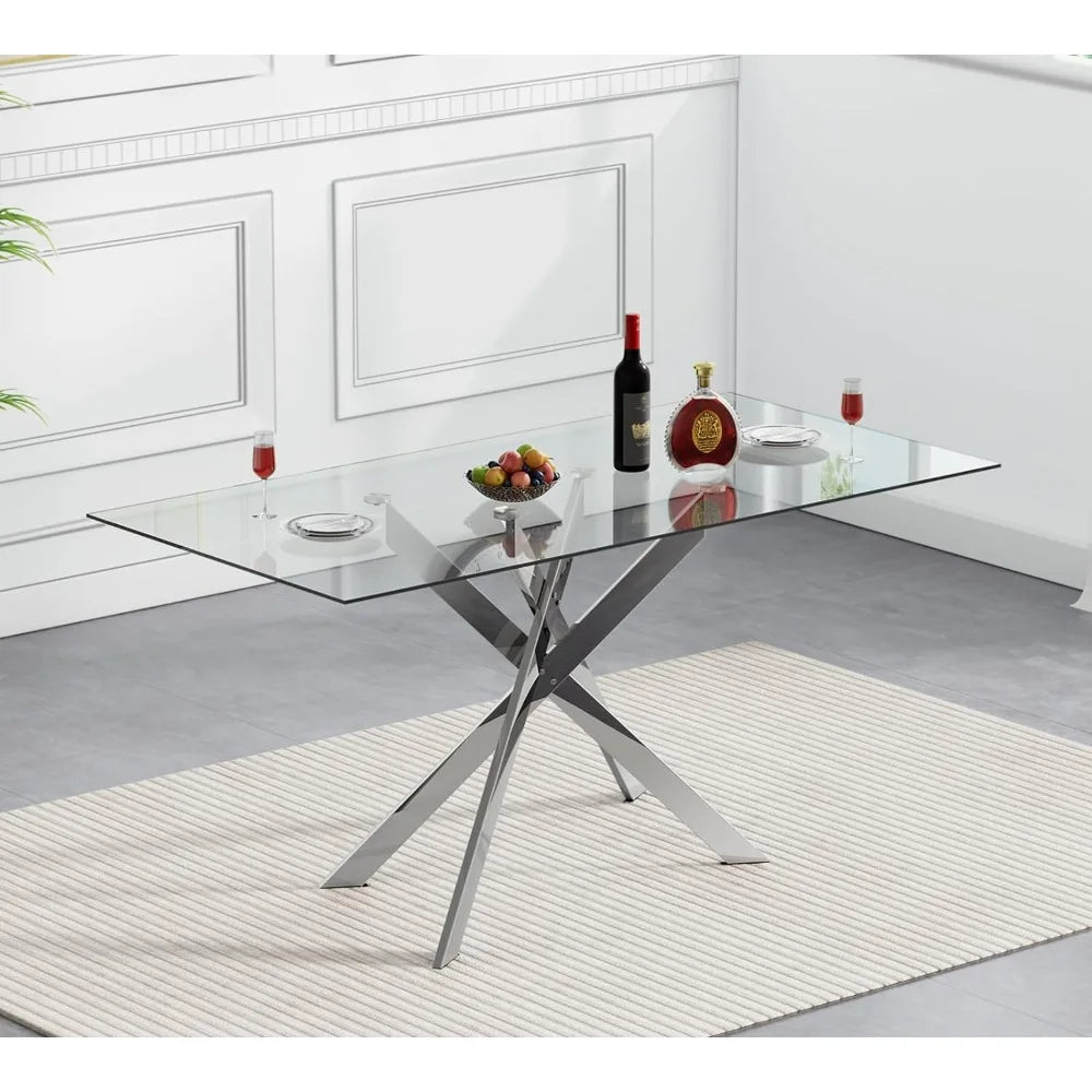 Glass Top Dining or Kitchen Table, Seats 4, Chrome Plated Metal Legs, 51 Inch Rectangular, 4 Colors