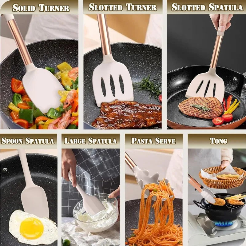 Silicone Kitchen Cooking Utensil Set, 43 Pieces, Stainless Steel Handle, Non-stick, Heat Resistant