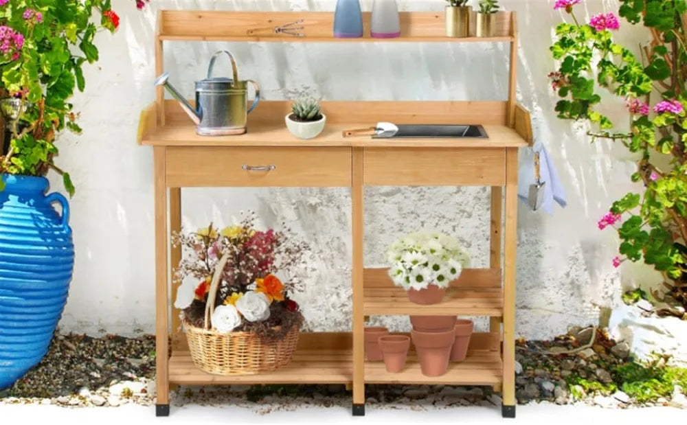 Outdoor Potting Bench/Work Bench, Removable Sink Drawer Rack, 45.2 Inch L X 17.7 Inch W X 47.6 Inch H, 3 Colors