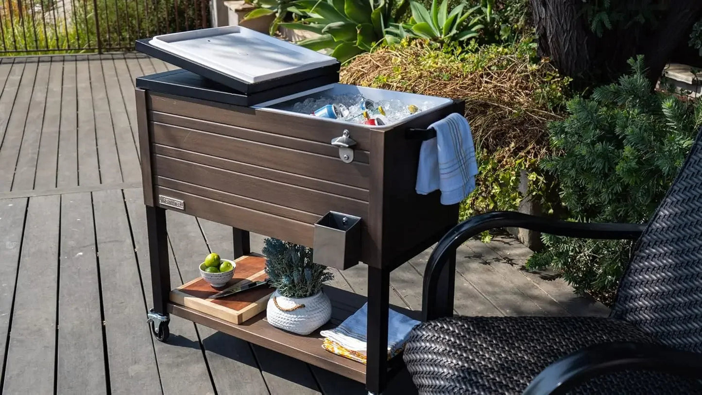 Outdoor Patio Cooler with Wheels, Wood Grain Accent, Brown