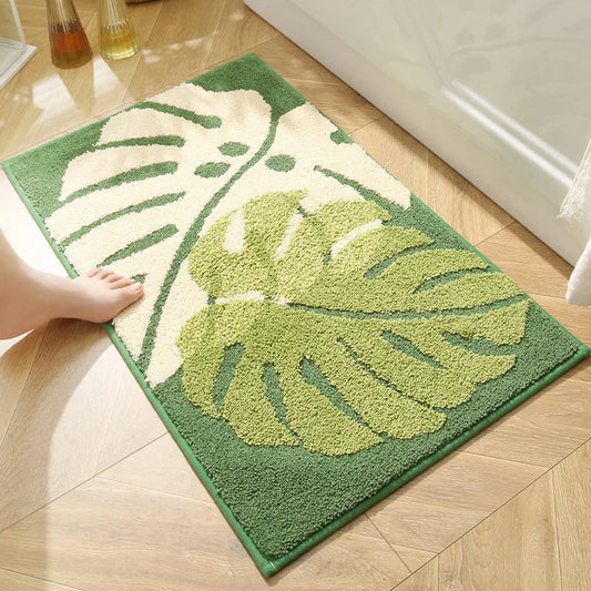 Non-Slip Bath Floor Mat, Leaf or Stripe Motif, Absorbent and Soft, 12 Colors, 2 Sizes