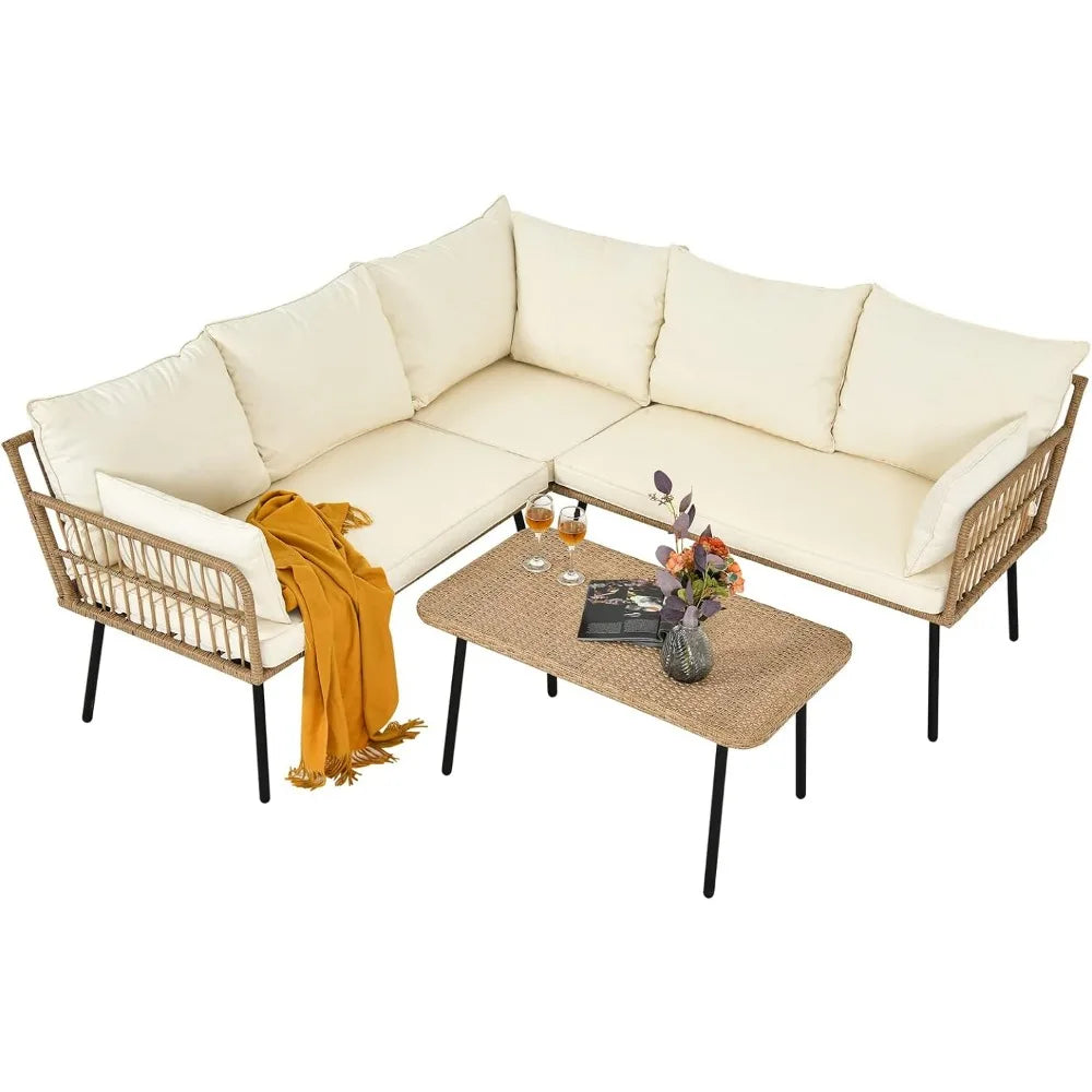 4 Piece Outdoor Furniture Set, Rattan/Wicker, Set Makes L-Shaped Sofa, Seats 5, 2 Colors