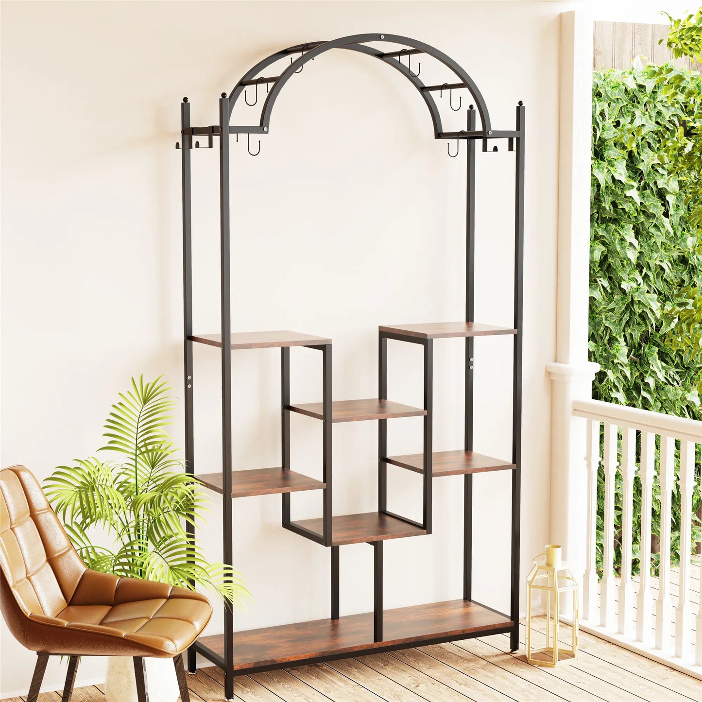 5-Tier Indoor/Outdoor Plant Stand, 74.8 Inch Arched Plant Display, Metal with Hanging Hooks