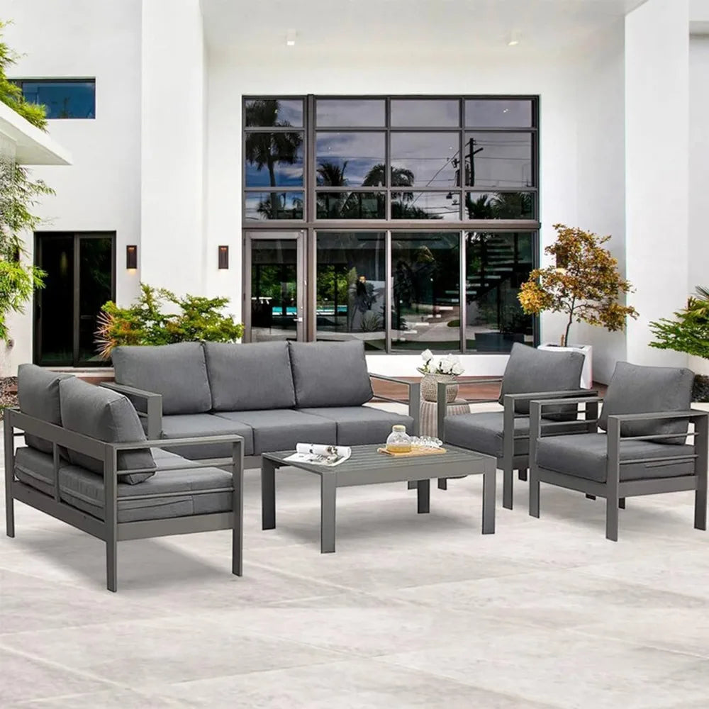 Outdoor Aluminum Furniture Set, Metal Sofa with 5 Inch Cushion, Faux Wood Table, 2 Colors