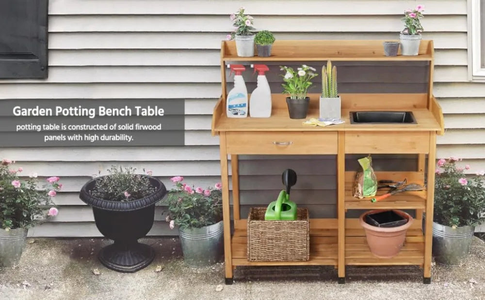 Outdoor Potting Bench/Work Bench, Removable Sink Drawer Rack, 45.2 Inch L X 17.7 Inch W X 47.6 Inch H, 3 Colors