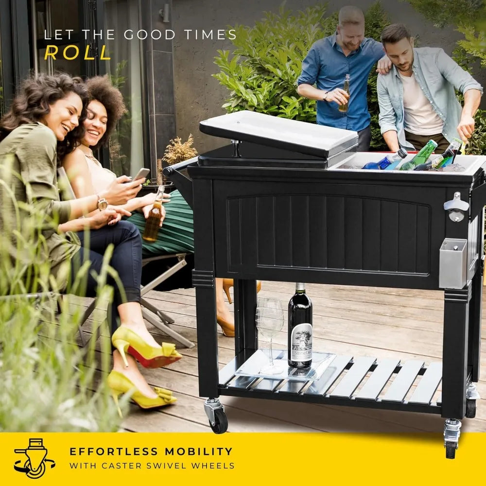 80 Quart Outdoor Party Ice Cooler and Table, with Wheels and Handles, Wooden Teak Accent, 4 Colors