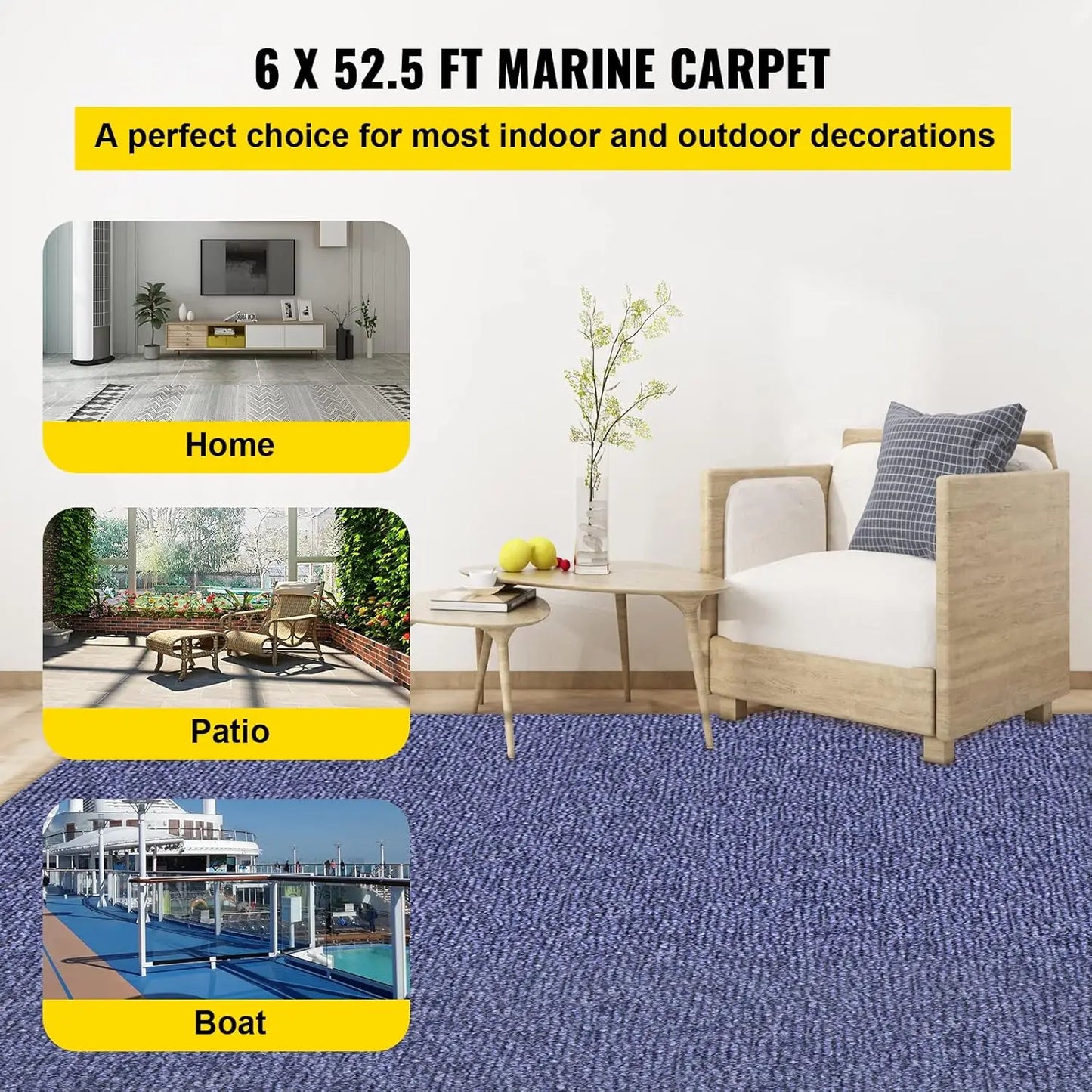 Outdoor Rug for Boats/Patio, Marine Grade Rug, 6 ft X 52.5 ft,  Waterproof, Deep Blue