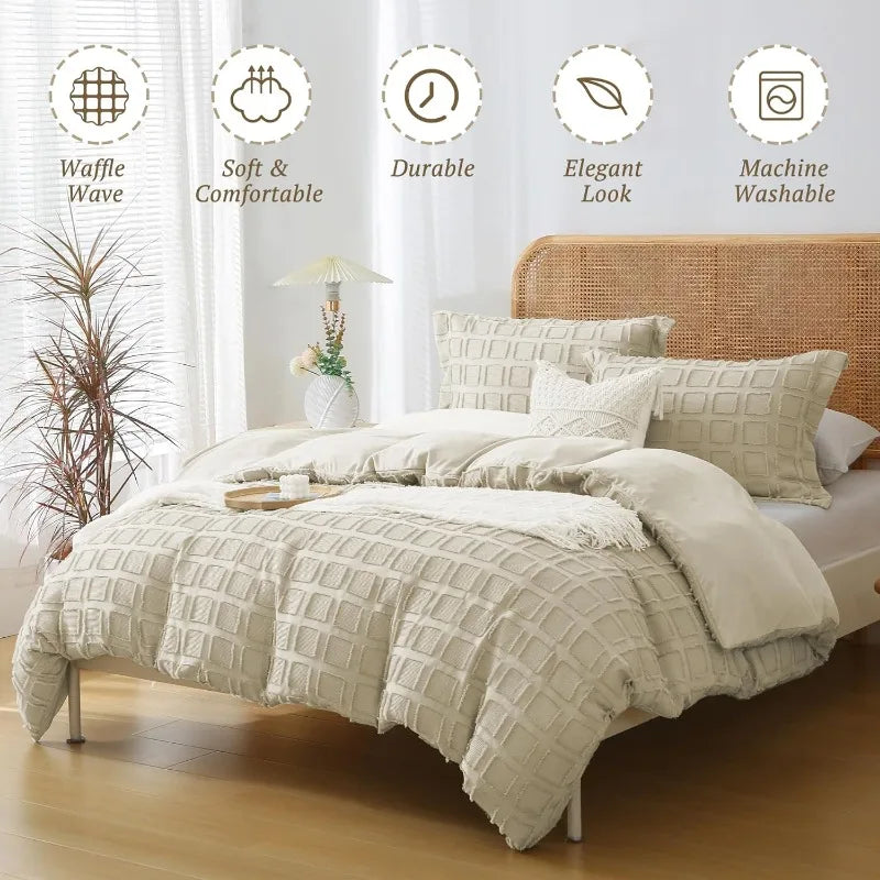 Queen Size Waffle Weave Duvet Cover Set, 3 Pieces, 100% Washed Microfiber, 8 Colors