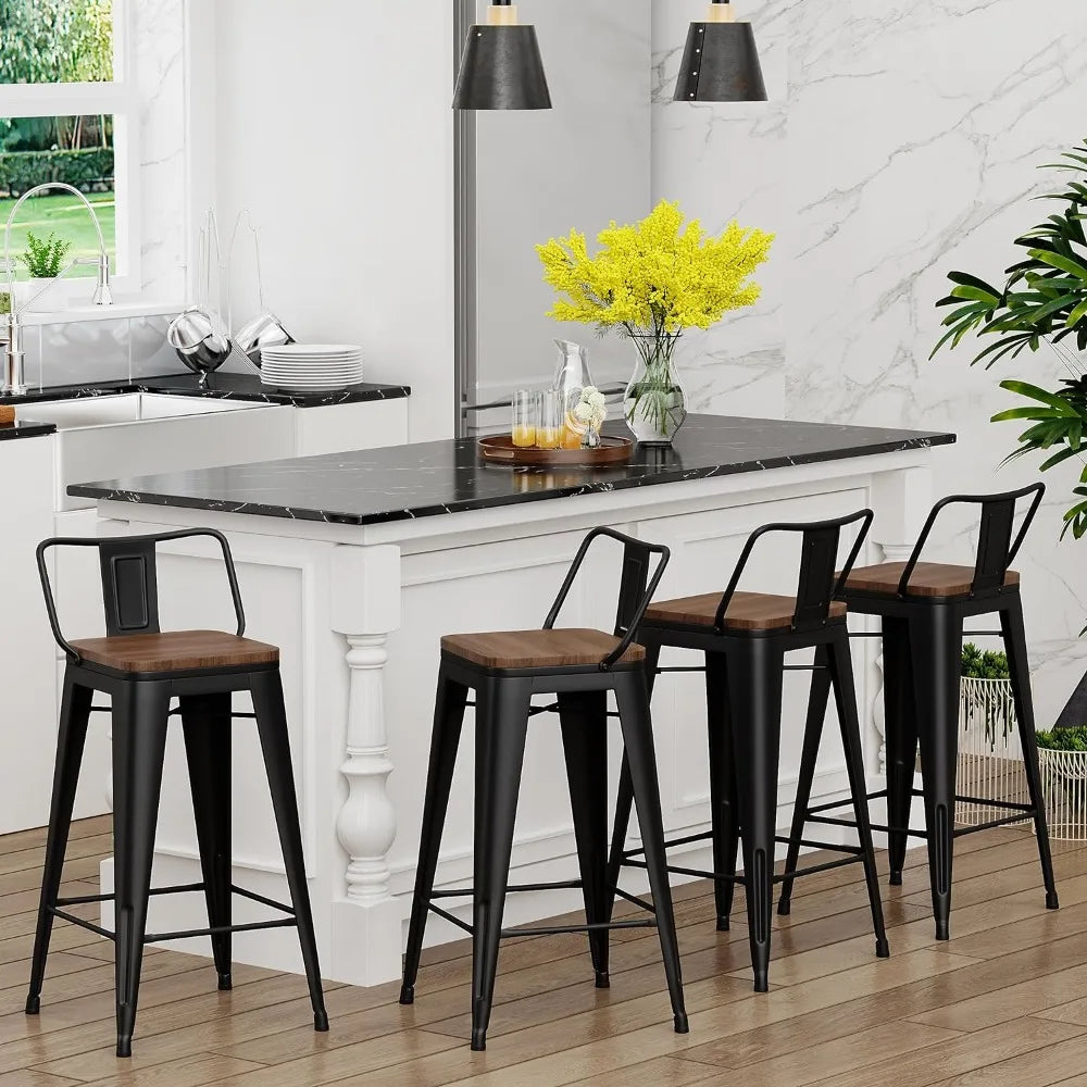 30 inch Bar Stools, Set of 4, Bar Height, Matte Black Metal with Wood Seat