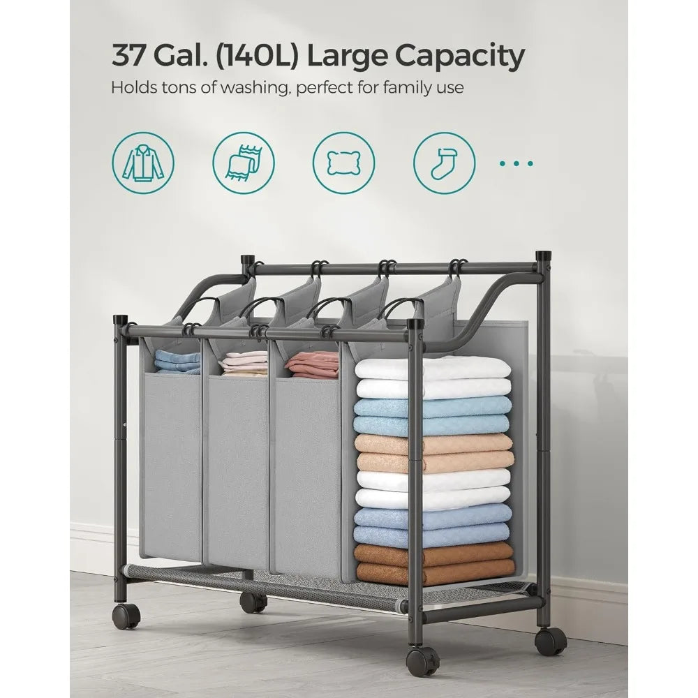 Rolling Laundry Sorter, with 4 Removable Bags, 2 Colors