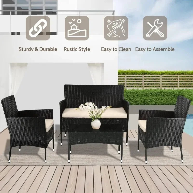 Wicker/Rattan Patio Furniture Set, 4 Pieces (Loveseat, 2 Chairs & Table) 7 Colors