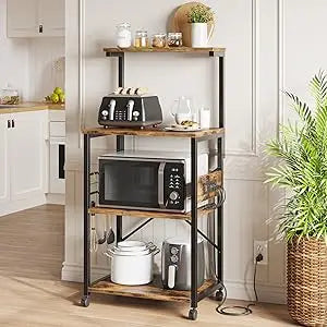 4 Tier Bakers Rack with Power Outlet, 6 "S" Shaped Hooks