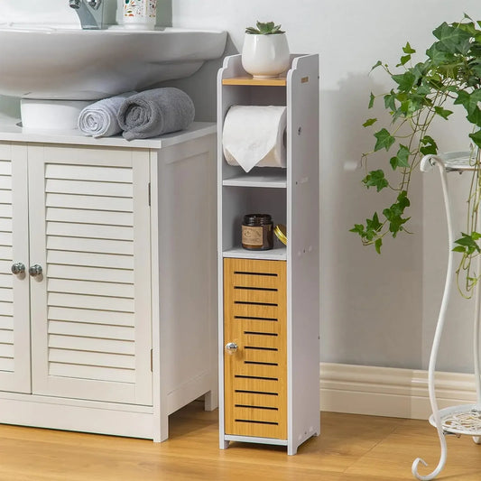 Small Bathroom Storage Cabinet, with Toilet Paper Holder, White/Bamboo