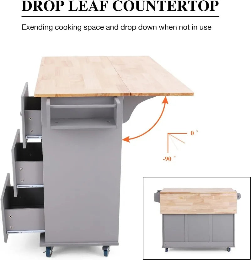 Rolling Kitchen Island Cart, with Storage & Drop Leaf, on Wheels, 3 Colors