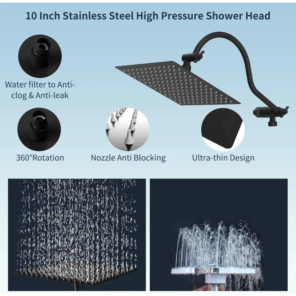 All Metal High Pressure Rainfall Shower Head (10 Inch)/Handheld Combo (12 Inch), Adjustable, Black