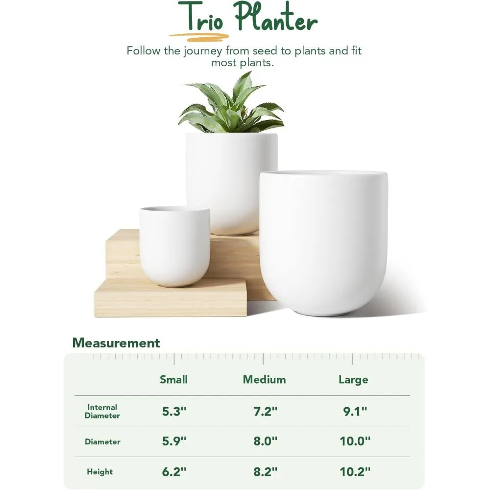 White Ceramic Planters Indoor Planters, 3 Piece Set (6, 8, and 10 Inch), Drainage Hole and Rubber Plug