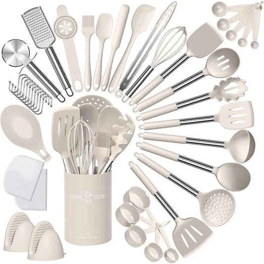 Silicone Kitchen Cooking Utensil Set, 43 Pieces, Stainless Steel Handle, Non-stick, Heat Resistant