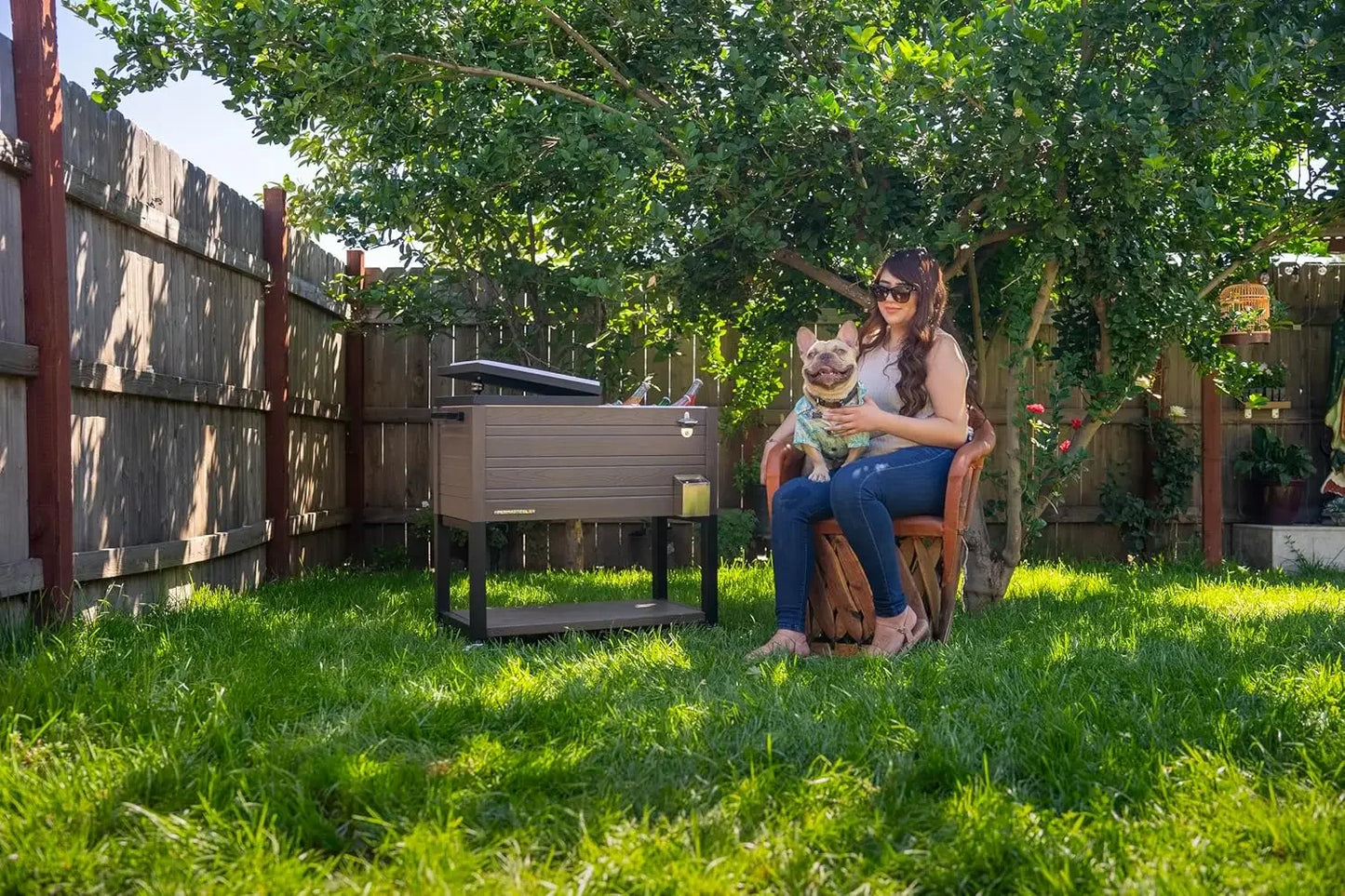 Outdoor Patio Cooler with Wheels, Wood Grain Accent, Brown