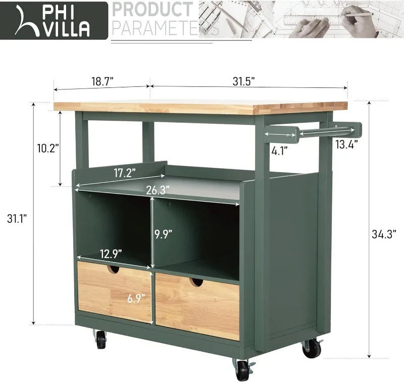 Rolling Kitchen Island Cart, with Storage & Drop Leaf, on Wheels, 3 Colors