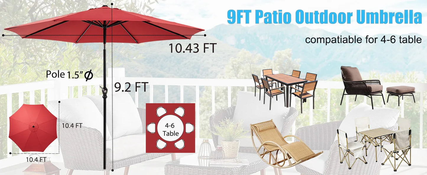 9 Ft. Outdoor Patio Umbrella, Push Button Tilt and Crank, UV Protection & Waterproof, 3 Colors