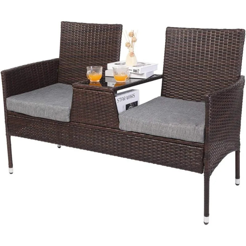 Wicker Outdoor Loveseat, with Cushion, and Built-In Table