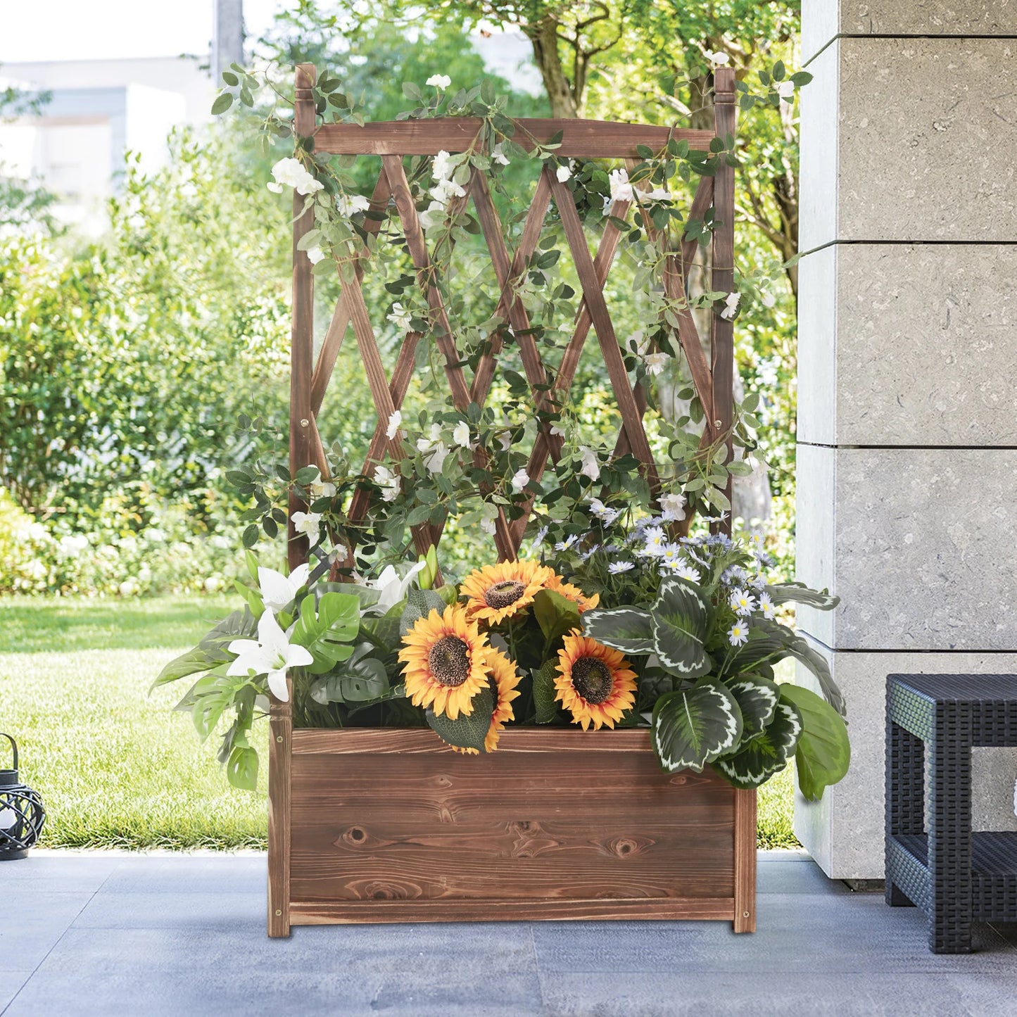 Raised Wooden Elevated Planter Box, with Trellis, Brown