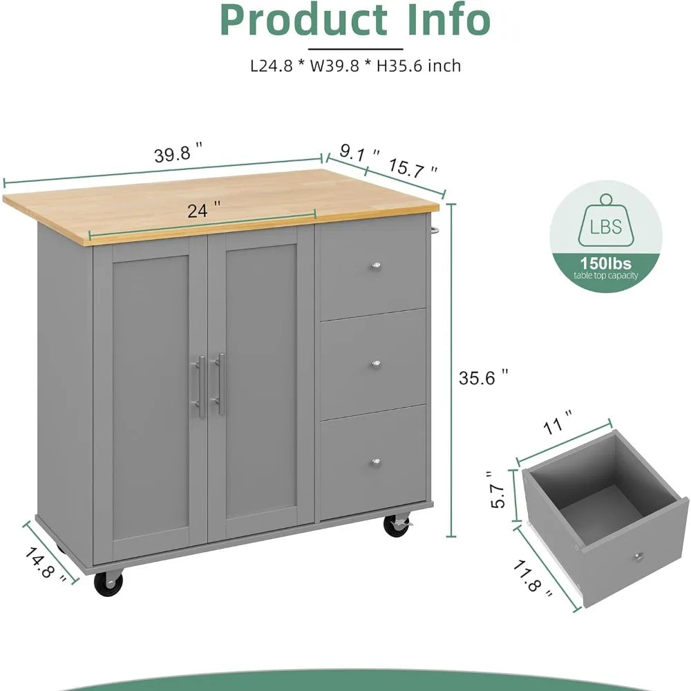 Kitchen Island Cart on Wheels, with Folding Drop Leaf with Storage, Grey