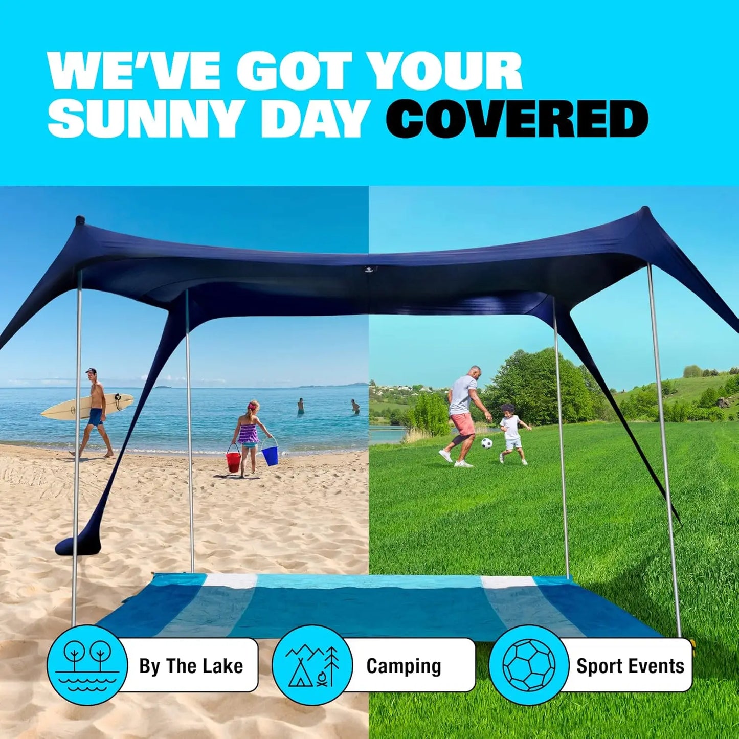 Sun Shelter Tent, with Ground Pegs and Stability Poles, includes Sand Shovel, Blue Only