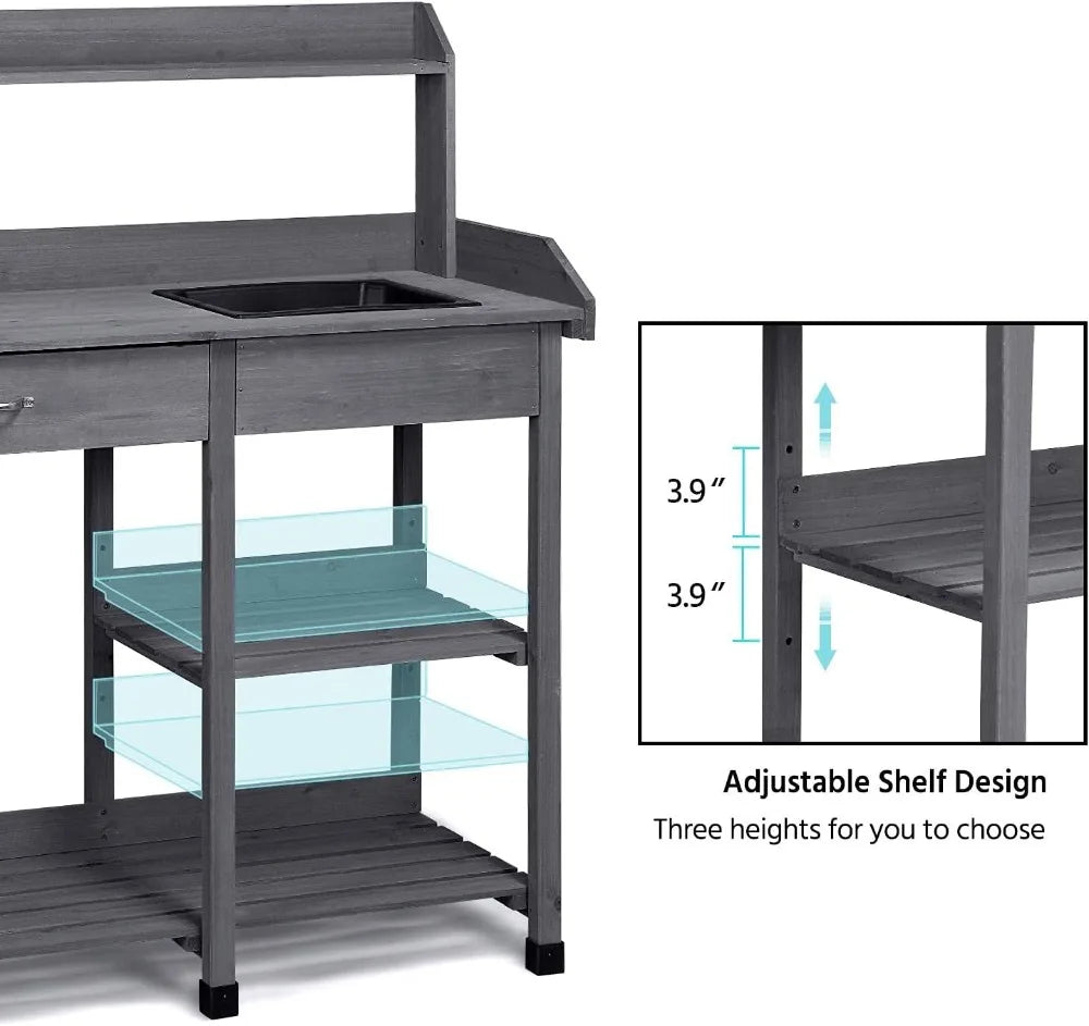 Outdoor Potting Bench/Work Bench, Removable Sink Drawer Rack, 45.2 Inch L X 17.7 Inch W X 47.6 Inch H, 3 Colors