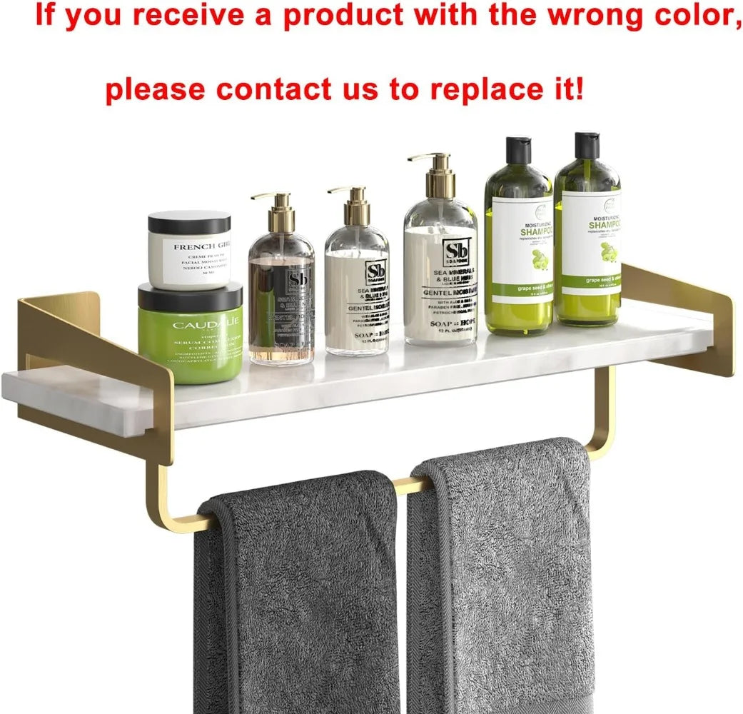 Marble Bathroom Shelf, with Towel Bar, 16 Inch Metal Wall Mount, Gold