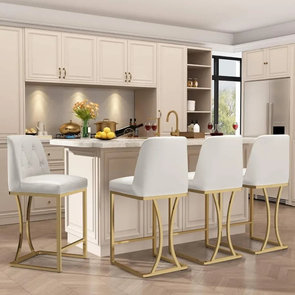 White Bar Stools with Back, Gold Metal Frame, Faux Leather Upholstery, Set of 4