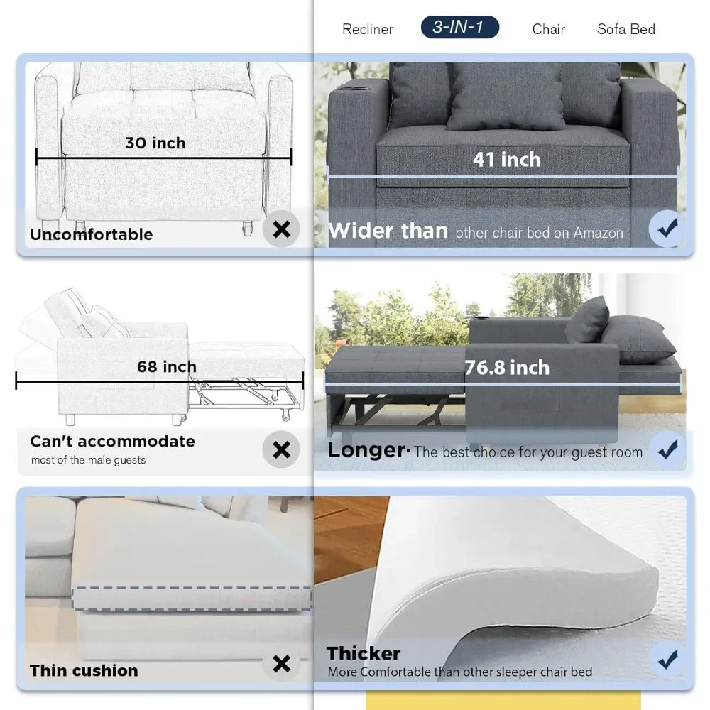 Sleeper Chair, 3-in-1 Convertible Bed, Cup Holder, Dark Grey