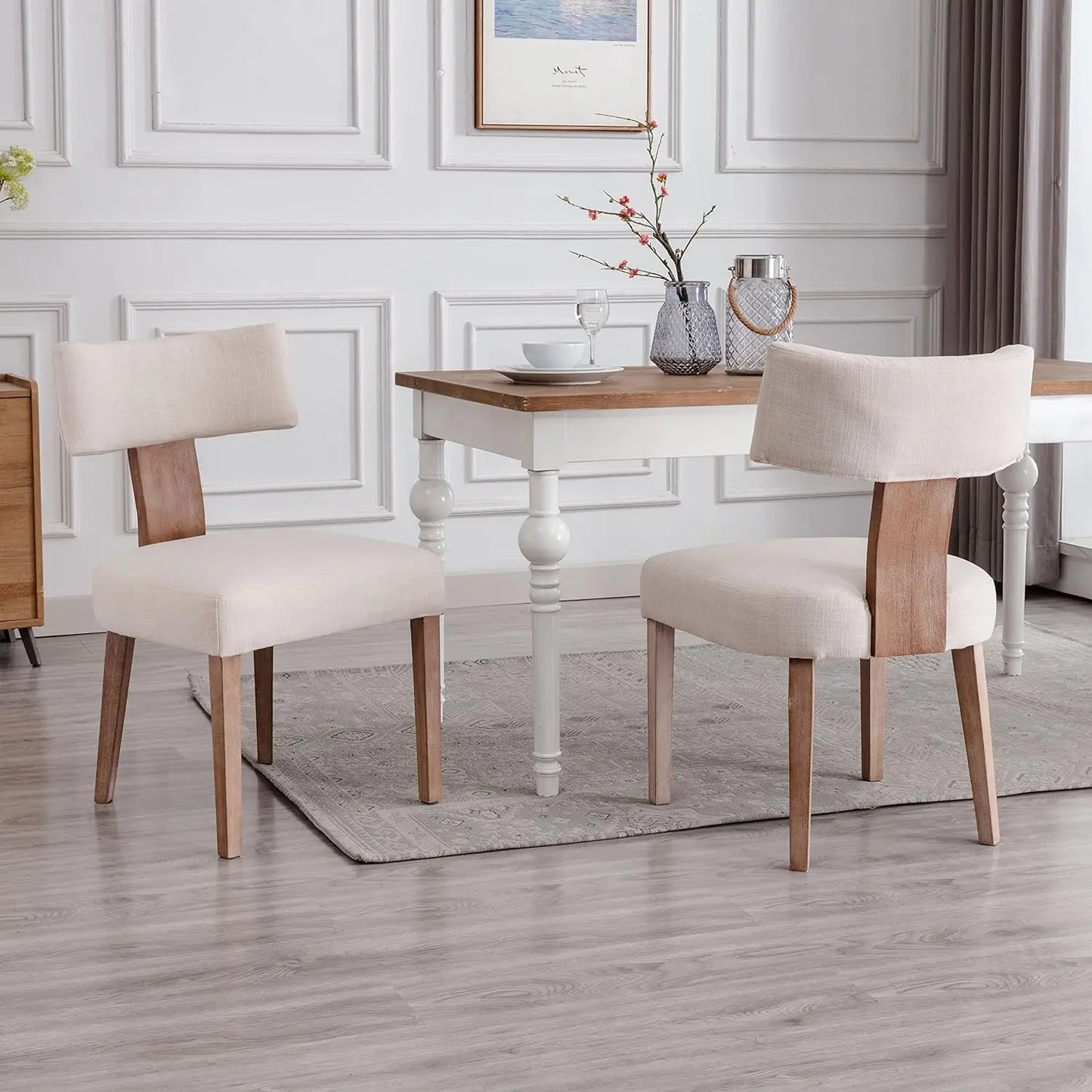 Set of 6 Dining Room, Living Room or Kitchen Side Chairs, Linen Upholstered, Wood Legs, Curved Wingback